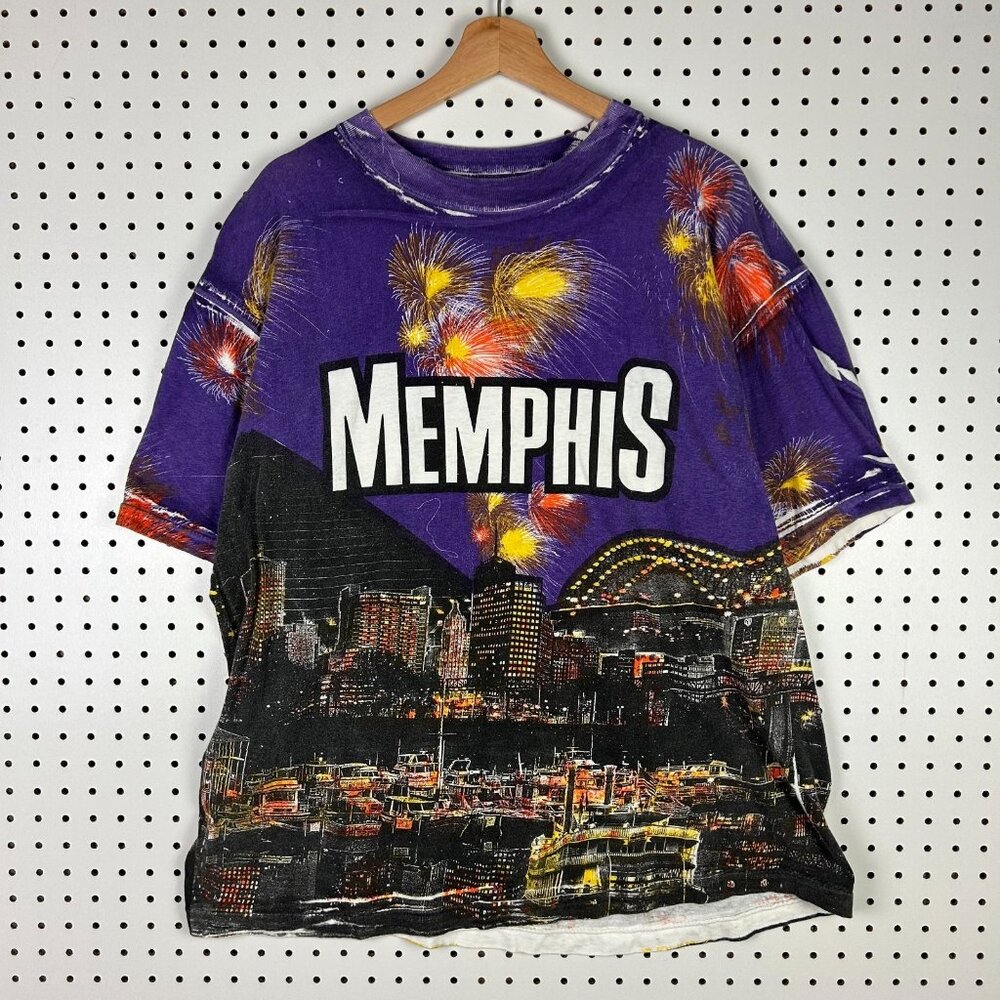 Memphis AOP All Over T‎ Shirt Large 90s Downtown Graphic Purple USA Made y2k